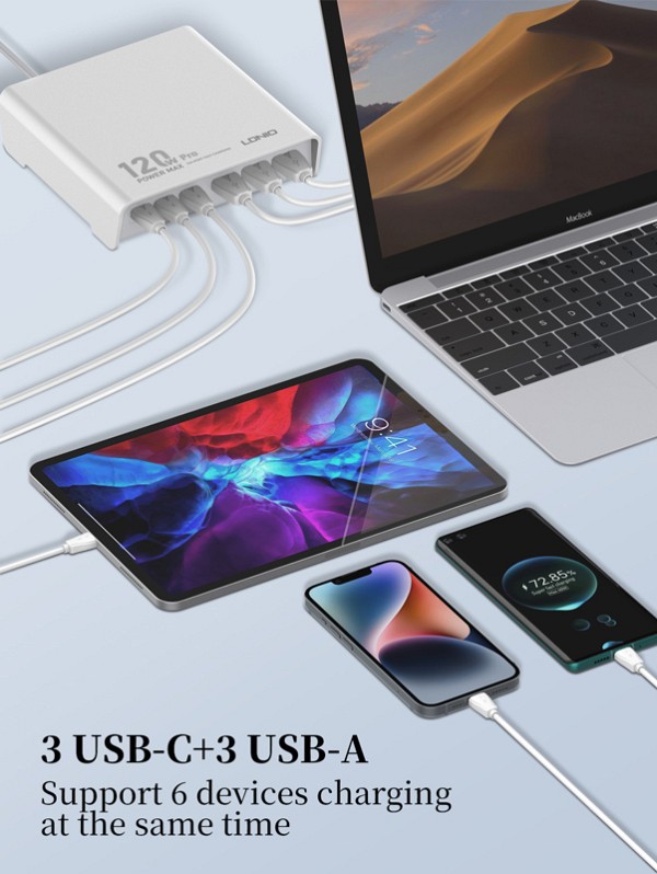 LDNIO σταθμός φόρτισης Q605, 3x USB-C & 3x USB, 120W, PD/QC, μαύρος 5210131079416