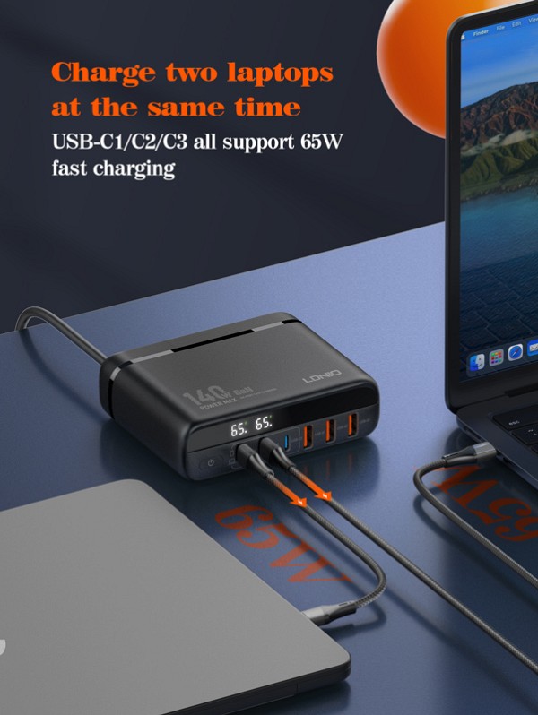 LDNIO σταθμός φόρτισης A6140C, 3x USB-C/3x USB, 140W, PD/QC, GaN, μαύρος 6933138601402
