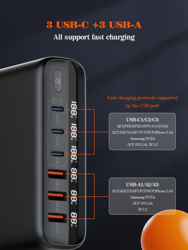 LDNIO σταθμός φόρτισης A6140C, 3x USB-C/3x USB, 140W, PD/QC, GaN, μαύρος 6933138601402