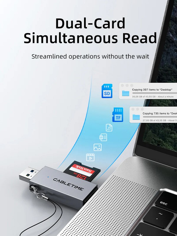 CABLETIME card reader CT-ACSD3-AG, SD/micro SD, USB/USB-C, 5Gbps, γκρι CT-ACSD3-AG
