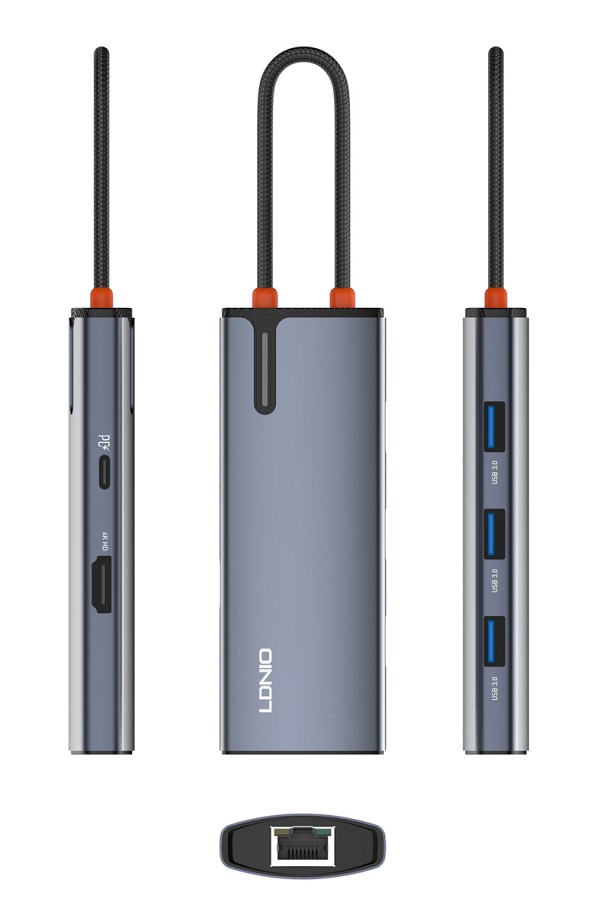 LDNIO docking station DS-16H, 6 θυρών, USB-C σύνδεση, 4K, 100W PD, γκρι 6933138601594