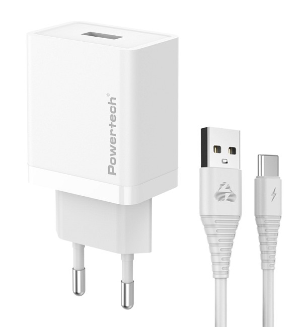 POWERTECH φορτιστής τοίχου PT-1322 με καλώδιο USB-C, USB, 12W, λευκός PT-1322