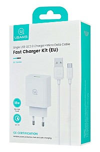 USAMS φορτιστής τοίχου SCXLTZ01 με καλώδιο micro USB, USB, 18W, λευκός SCXLTZ01