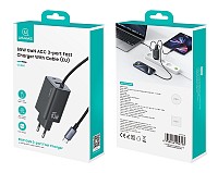 USAMS φορτιστής τοίχου CC266 με καλώδιο, USB & USB-C, 65W, GaN, μαύρος CC266TC01
