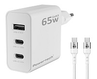 POWERTECH φορτιστής τοίχου PT-1378 με καλώδιο, USB/2x USB-C, 65W, GaN, λευκός PT-1378