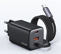 USAMS φορτιστής τοίχου CC266 με καλώδιο, USB & USB-C, 65W, GaN, μαύρος CC266TC01