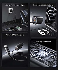 USAMS φορτιστής τοίχου CC266 με καλώδιο, USB & USB-C, 65W, GaN, μαύρος CC266TC01