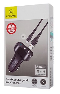 USAMS φορτιστής αυτοκινήτου C13 & καλώδιο type-C, 2x USB, 2.1A, μαύρο NTU35TC13TZ