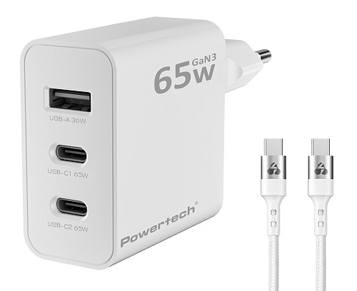 POWERTECH φορτιστής τοίχου PT-1378 με καλώδιο, USB/2x USB-C, 65W, GaN, λευκός PT-1378