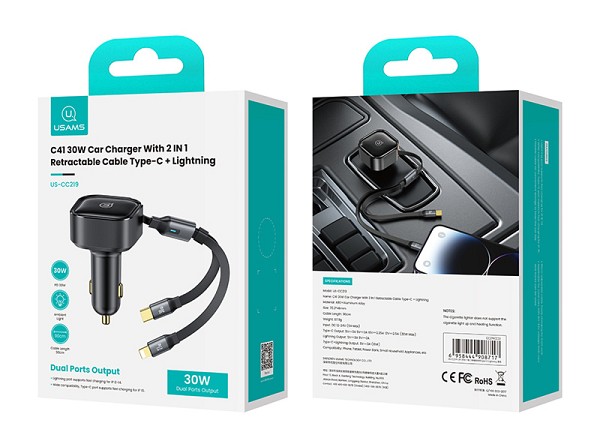 USAMS φορτιστής αυτοκινήτου US-CC219 καλώδιο USB-C/Lightning 30W, μαύρος CC219CC01