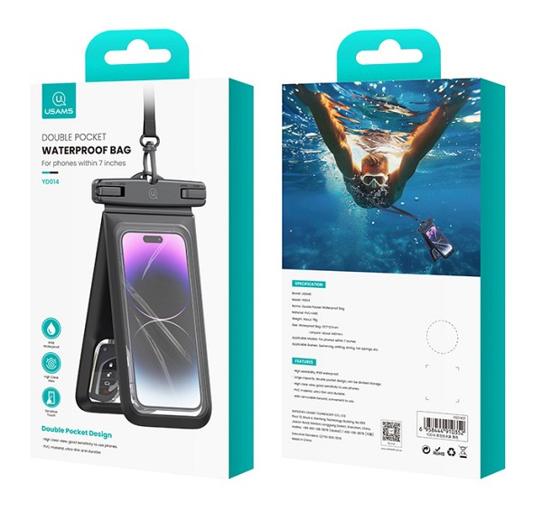 USAMS αδιάβροχη θήκη smartphone YD014 με 2 διαμερίσματα, έως 7, IP68, μαύρη FSD1401