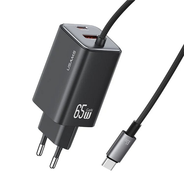 USAMS φορτιστής τοίχου CC266 με καλώδιο, USB & USB-C, 65W, GaN, μαύρος CC266TC01