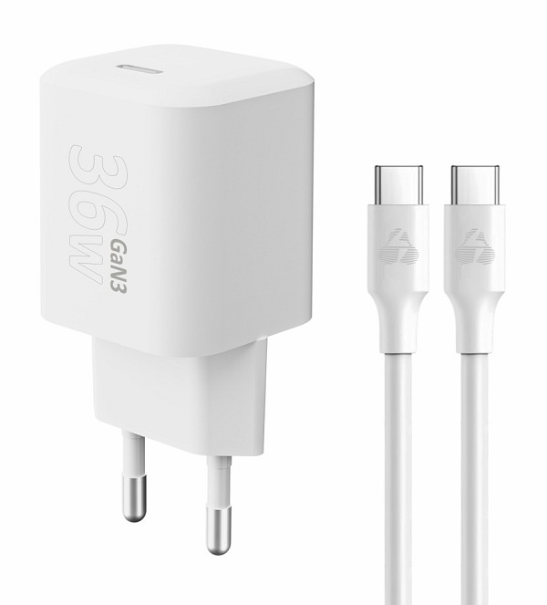 POWERTECH φορτιστής τοίχου PT-1350 με καλώδιο, USB-C, 36W, GaN, λευκός PT-1350