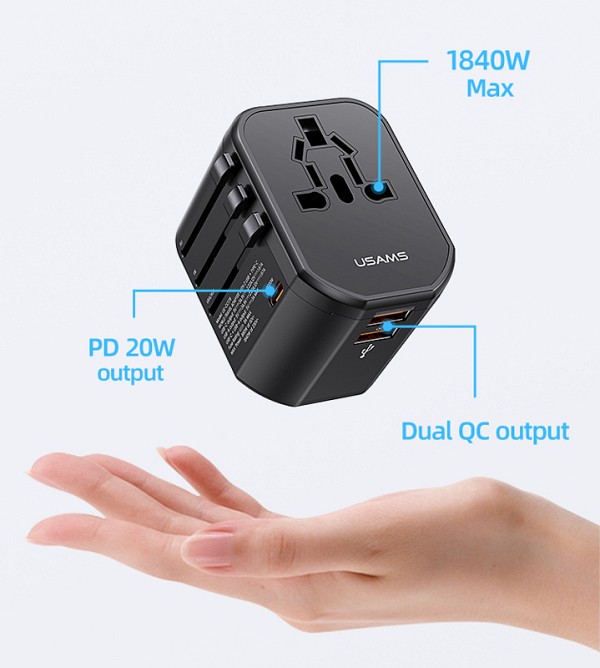 USAMS φορτιστής/αντάπτορας πρίζας US-CC179, USB-C & 2x USB, universal, 20W, μαύρος CC179TC01