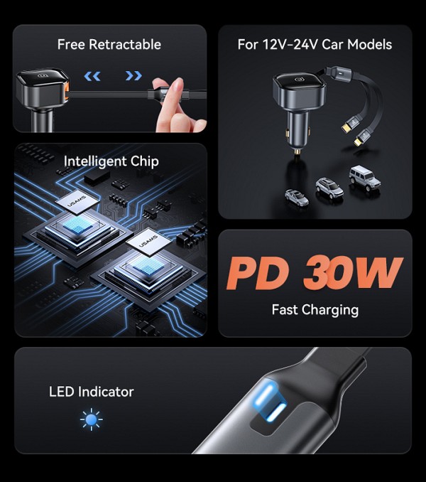 USAMS φορτιστής αυτοκινήτου US-CC219 καλώδιο USB-C/Lightning 30W, μαύρος CC219CC01