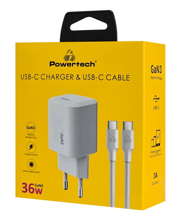 POWERTECH φορτιστής τοίχου PT-1350 με καλώδιο, USB-C, 36W, GaN, λευκός PT-1350