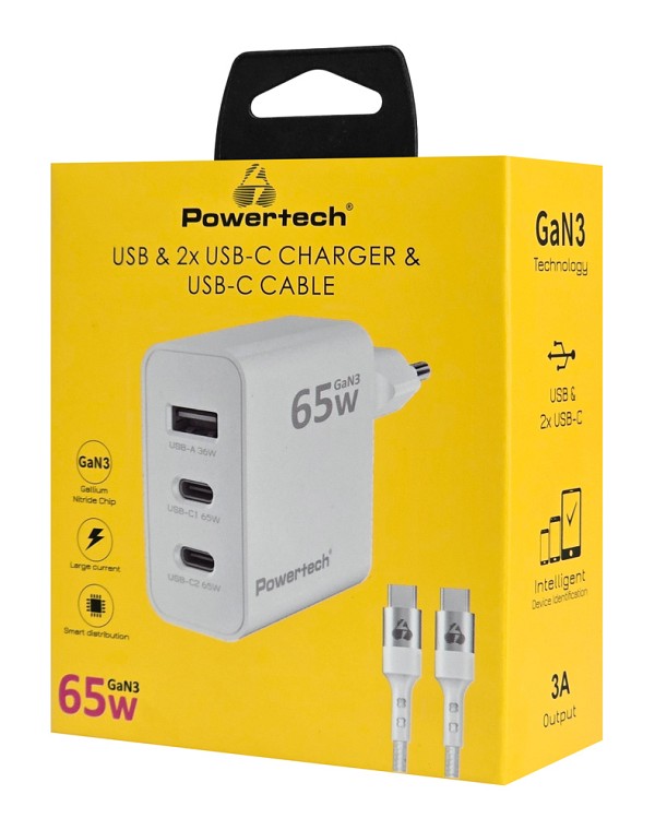 POWERTECH φορτιστής τοίχου PT-1378 με καλώδιο, USB/2x USB-C, 65W, GaN, λευκός PT-1378