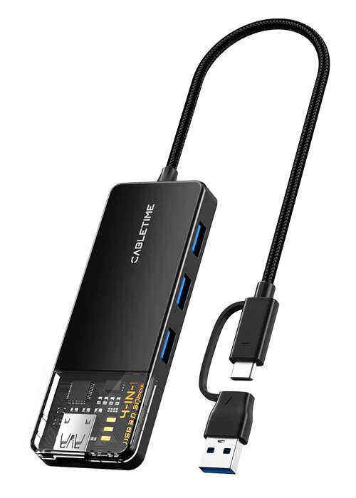 CABLETIME USB hub CT-HUBT3-PB, 4x θυρών, 5Gbps, USB/USB-C σύνδεση, μαύρο CT-HUBT3-PB