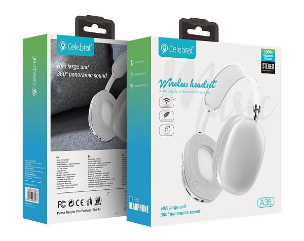 CELEBRAT headphones A35, ασύρματα & ενσύρματα, micro SD, 40mm, 200mAh, λευκά A35-SL