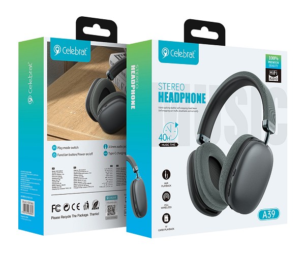 CELEBRAT headphones A39, ασύρματα & ενσύρματα, micro SD, 40mm, 400mAh, μαύρα A39-BK