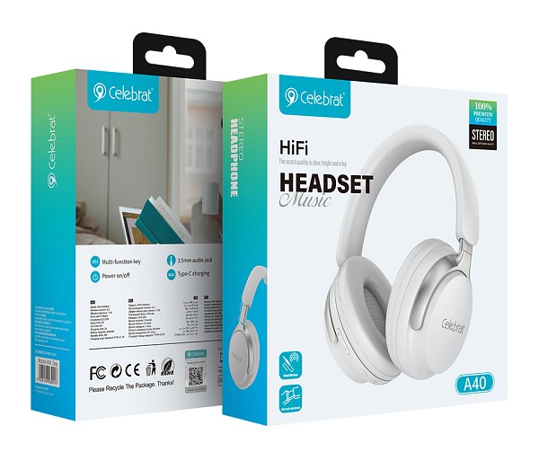 CELEBRAT headphones A40, ασύρματα & ενσύρματα, 40mm, 250mAh, λευκά A40-WH