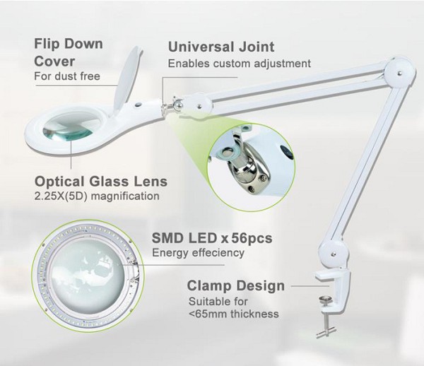 PROSKIT μεγεθυντικός φακός MA-1209LI με σφιγκτήρα, LED, 5D 2.25x, λευκός MA-1209LI