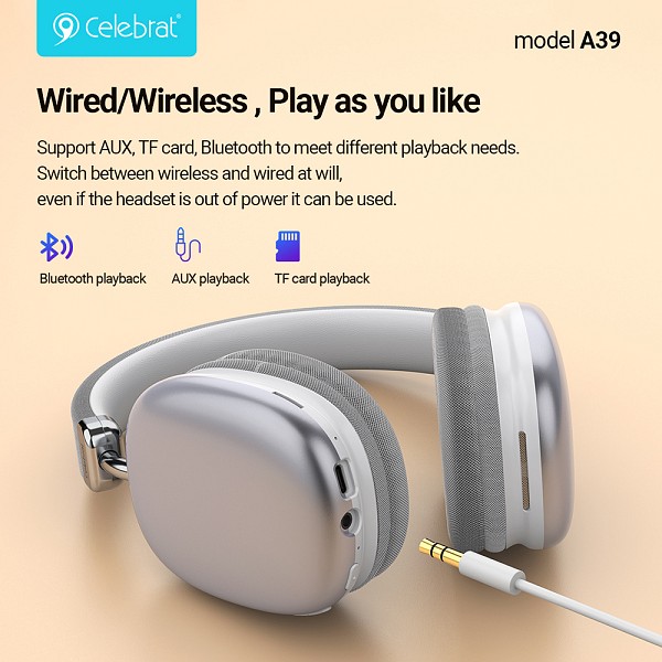 CELEBRAT headphones A39, ασύρματα & ενσύρματα, micro SD, 40mm, 400mAh, μαύρα A39-BK