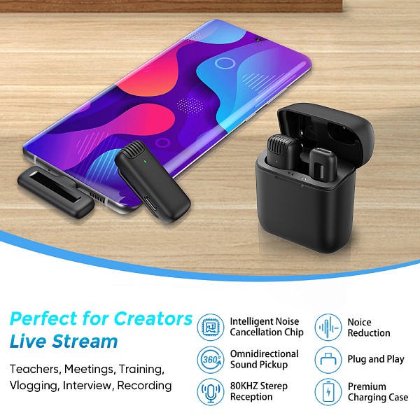 APEXEL ασύρματο μικρόφωνο APL-MIC007 με θήκη φόρτισης, USB-C, 2.4GHz, μαύρο APL-MIC007