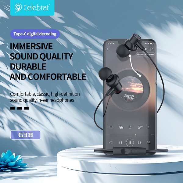 CELEBRAT earphones με μικρόφωνο G38, USB-C σύνδεση, 10mm, 1.2m, λευκά CB-G38-WH