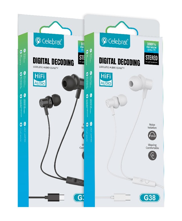 CELEBRAT earphones με μικρόφωνο G38, USB-C σύνδεση, 10mm, 1.2m, λευκά CB-G38-WH