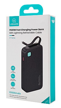 USAMS power bank CD225 με καλώδιο Lightning, 2x θύρες εξόδου, 10000mAh, 20W, μαύρο 10KCD22501