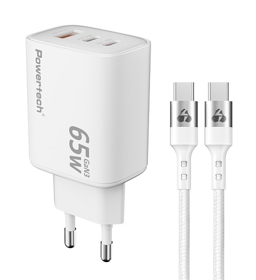 POWERTECH φορτιστής τοίχου PT-1415 με καλώδιο, USB/2x USB-C, 65W, GaN, λευκός PT-1415