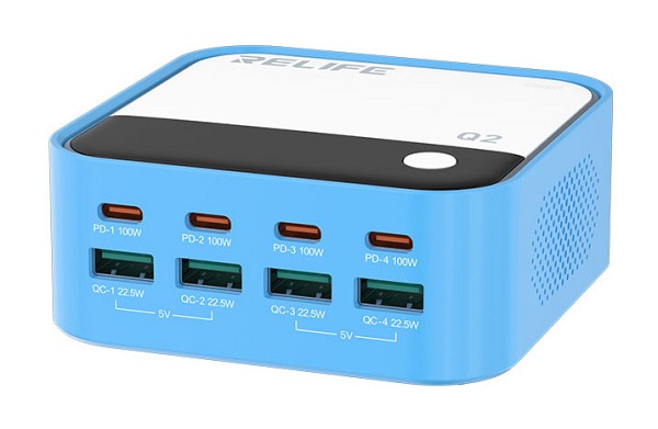RELIFE σταθμός φόρτισης Q2, 4x USB-C & 4x USB, 120W, GaN, μπλε RELIFE-Q2