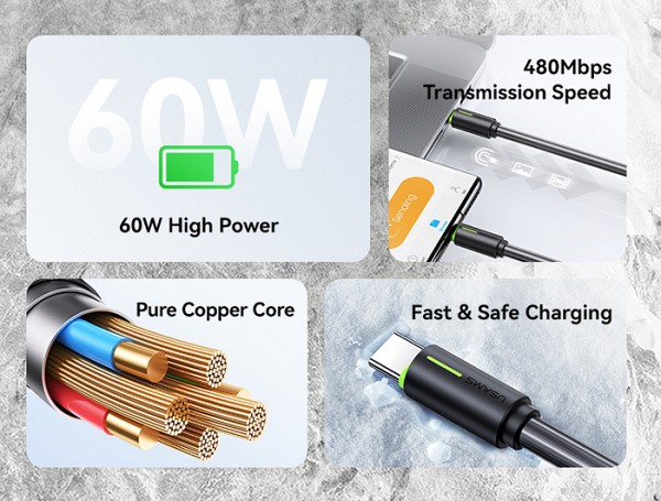 USAMS καλώδιο USB-C US-SJ734, 60W, 480Mbps, 1m, λευκό SJ734USB02