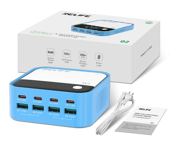 RELIFE σταθμός φόρτισης Q2, 4x USB-C & 4x USB, 120W, GaN, μπλε RELIFE-Q2