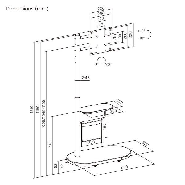 BRATECK βάση δαπέδου FS54-22T-02W για τηλεόραση 17-43 έως 15kg, με ράφι & ροδάκια FS54-22T-02W