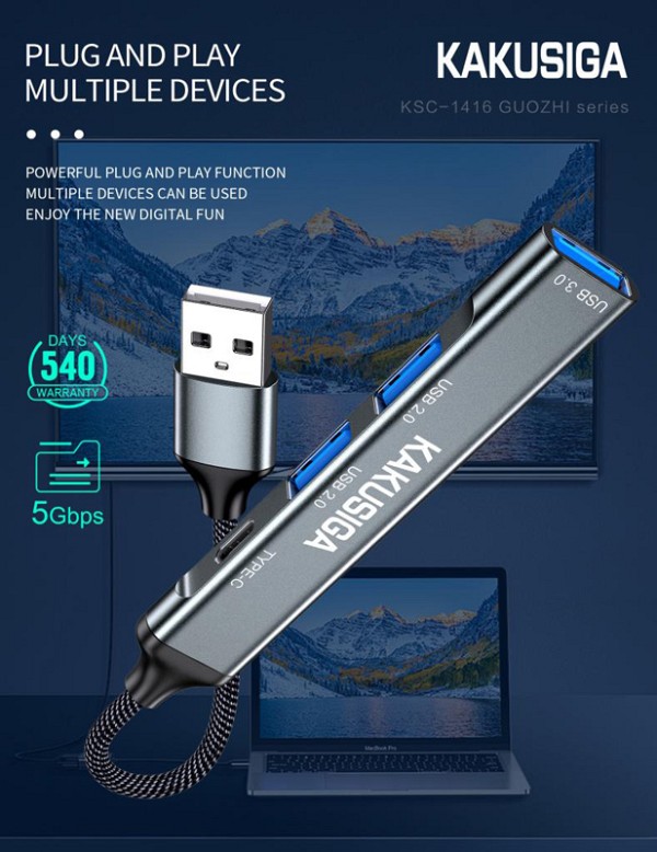 KAKUSIGA USB hub KSC-1416, 4x θυρών, USB 3.0, 5Gbps, USB σύνδεση, γκρι KSC-1416
