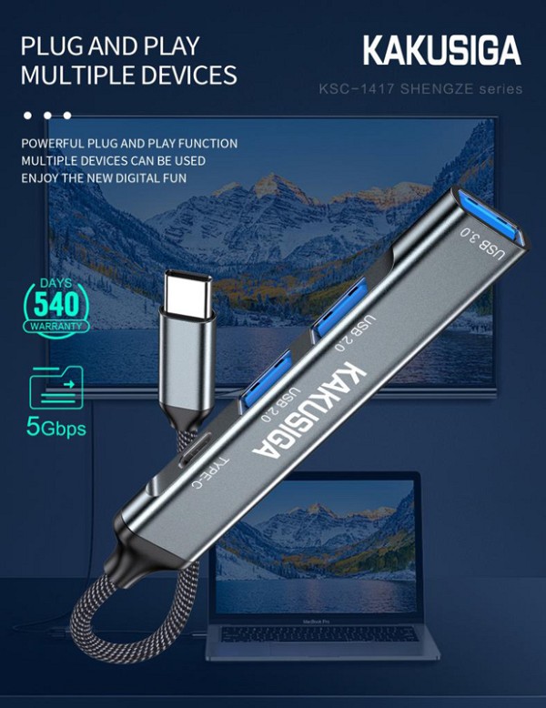 KAKUSIGA USB hub KSC-1417, 4x θυρών, USB 3.0, 5Gbps, USB-C σύνδεση, γκρι KSC-1417