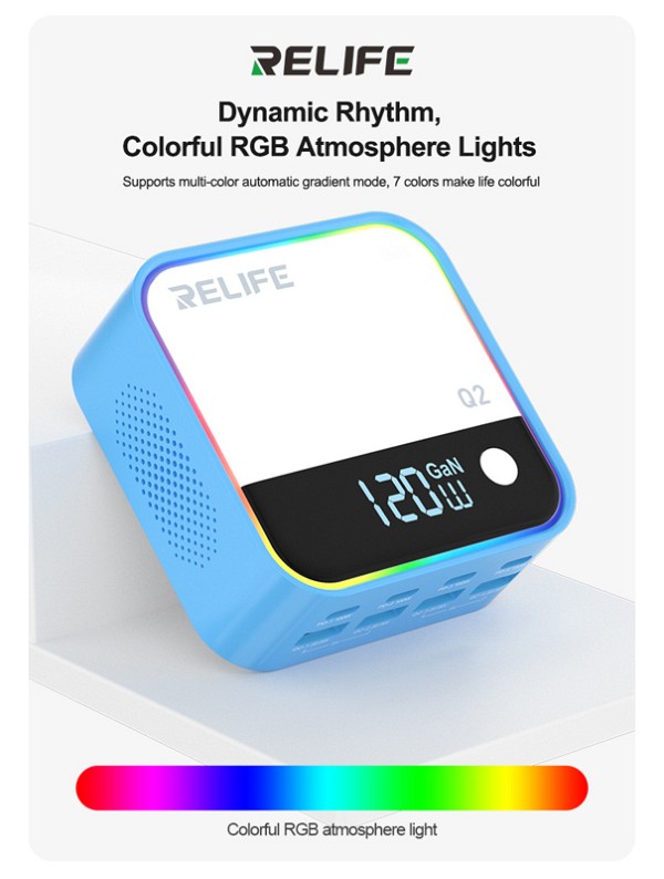 RELIFE σταθμός φόρτισης Q2, 4x USB-C & 4x USB, 120W, GaN, μπλε RELIFE-Q2