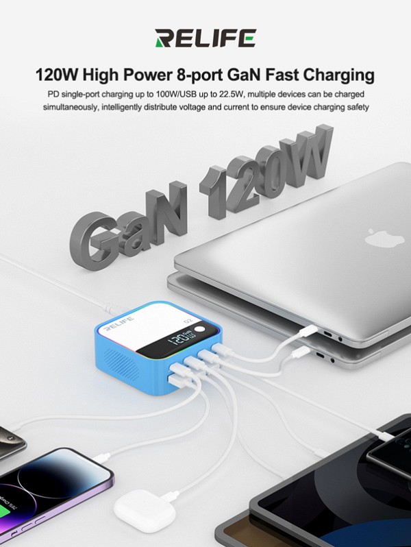RELIFE σταθμός φόρτισης Q2, 4x USB-C & 4x USB, 120W, GaN, μπλε RELIFE-Q2