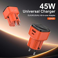 LDNIO φορτιστής τοίχου Q2420 με καλώδιο, USB/USB-C, 45W, universal πρίζα, πορτοκαλί 6933138603024