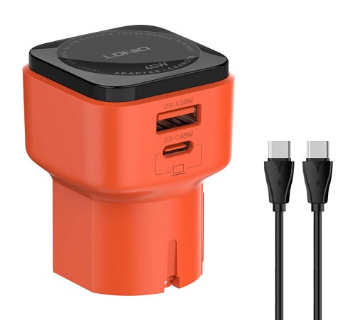 LDNIO φορτιστής τοίχου Q2420 με καλώδιο, USB/USB-C, 45W, universal πρίζα, πορτοκαλί 6933138603024