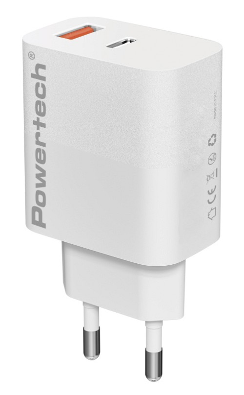 POWERTECH φορτιστής τοίχου PT-1433, USB/USB-C, 30W, GaN, λευκός PT-1433