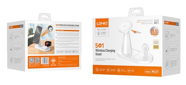 LDNIO ασύρματος φορτιστής WL01 με LED φωτισμό, 3 σε 1, 15W, λευκός 6933138602843