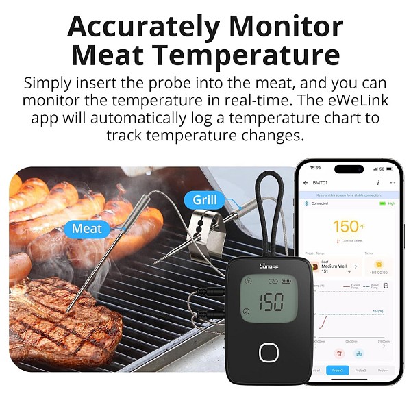 SONOFF smart θερμόμετρο barbeque BMT01 με 2x αισθητήρες, έως 300 °C, μαύρο BMT01