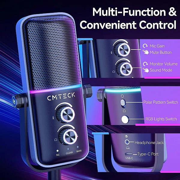 CMTECK επιτραπέζιο μικρόφωνο XM600, omnidirectional/καρδιοειδές, USB, RGB LED, μαύρο XM600