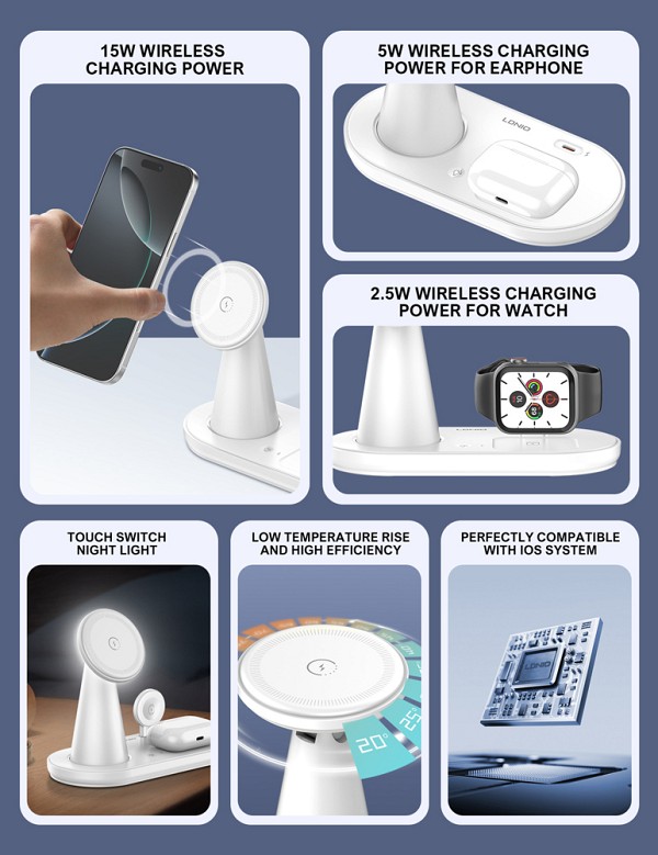 LDNIO ασύρματος φορτιστής WL01 με LED φωτισμό, 3 σε 1, 15W, λευκός 6933138602843