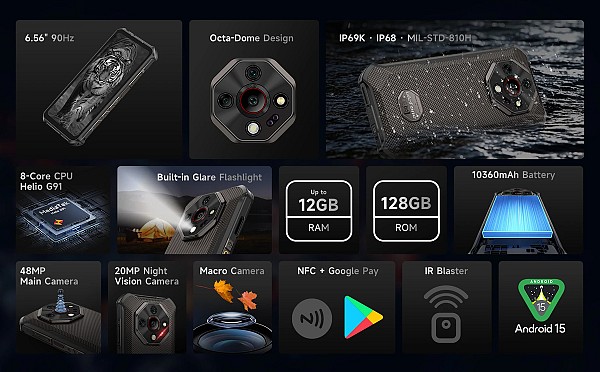 ULEFONE smartphone Armor X16, 6.56, 6/128GB, 10360mAh, IP68/IP69K/MIL-STD-810H, μαύρο ARMORX16-BK