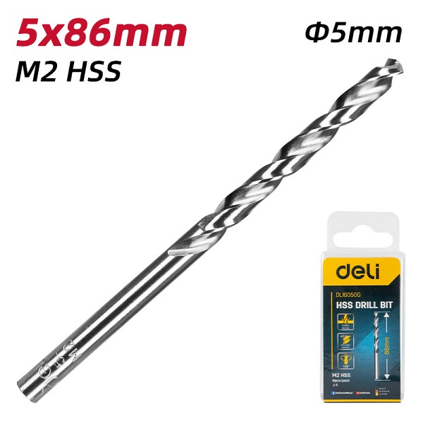DELI σετ τρυπάνια DL16050G για μέταλλο, M2 HSS, 5x86mm, 10τμχ DL16050G
