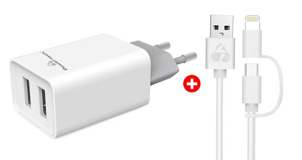 POWERTECH φορτιστής τοίχου 2x USB & καλώδιο USB σε Micro/Lightning BNDL-0198 BNDL-0198